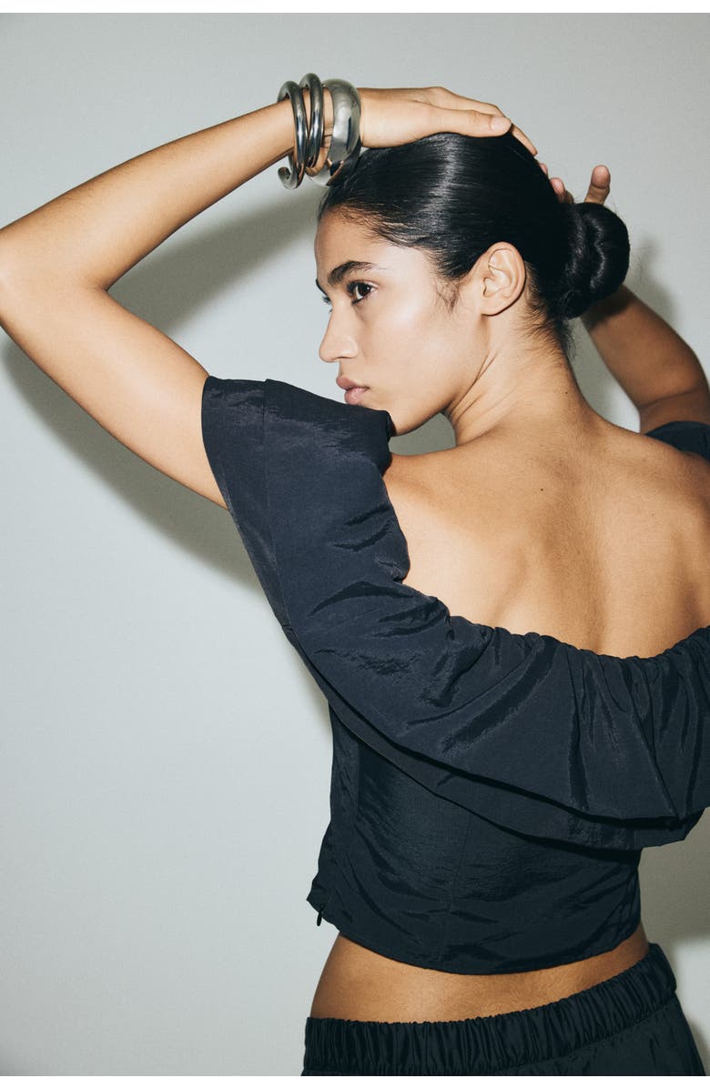 H&M Frill-trimmed Off-the-shoulder Top, Alternate, color, Black