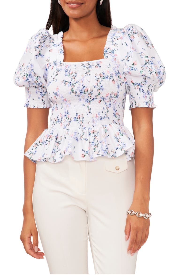 Puff Sleeve Smocked Peplum Top, Main, color, WHITE/ PINK/ BLUE