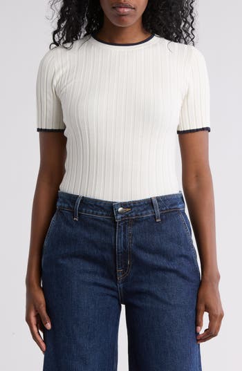 Nordstrom Rack Tipped Short Sleeve Ribbed Sweater In Ivory Tofu- Navy Night Tipping