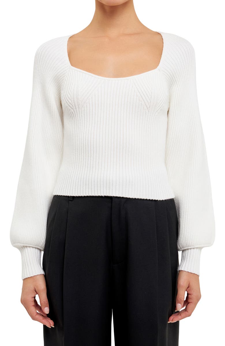 Endless Rose Ribbed Bishop Sleeve Top, Alternate, color, White