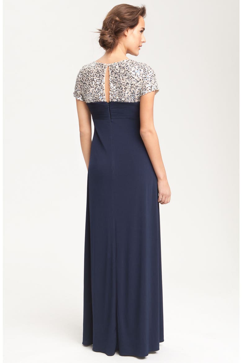 Sequin Trim Jersey Gown, Alternate, color, NAVY