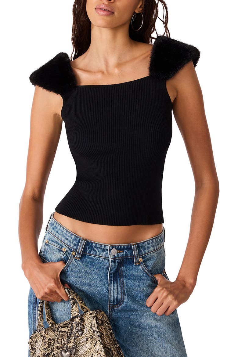 Madelyn Faux Fur Trim Sweater Top, Main, color, BLACK