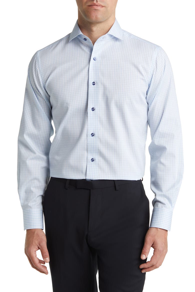 Trim Fit Heathered Gingham Dress Shirt, Main, color, LIGHT BLUE