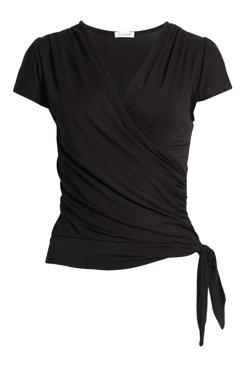 Faux Wrap Top, Alternate, color, BLACK