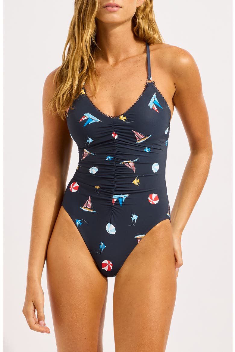 Shirred One-Piece Swimsuit, Main, color, TRUE NAVY