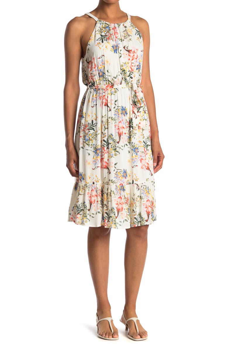 Collective Concepts Halter Floral Print Ruffle Hem Midi Dress, Main, color, 
