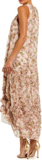 Mac Duggal Sleeveless Floral Print Chiffon Micro Ruffle Gown