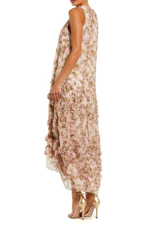 Mac Duggal Sleeveless Floral Print Chiffon Micro Ruffle Gown In Pink Multi
