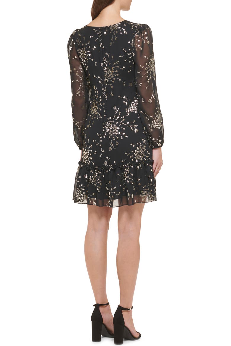 Foil Print Long Sleeve Dress, Alternate, color, BLACK / GOLD