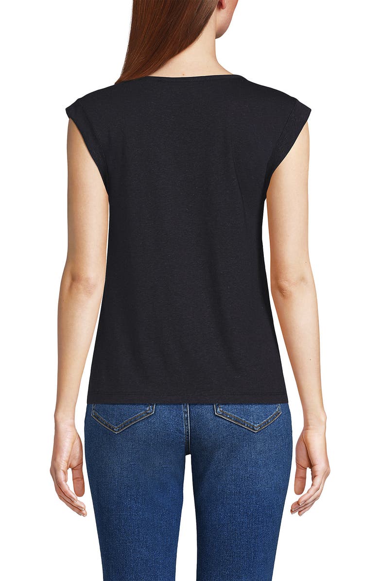Lands' End Linen Blend Cap Sleeve Gathered Shoulder Tee, Alternate, color, Black