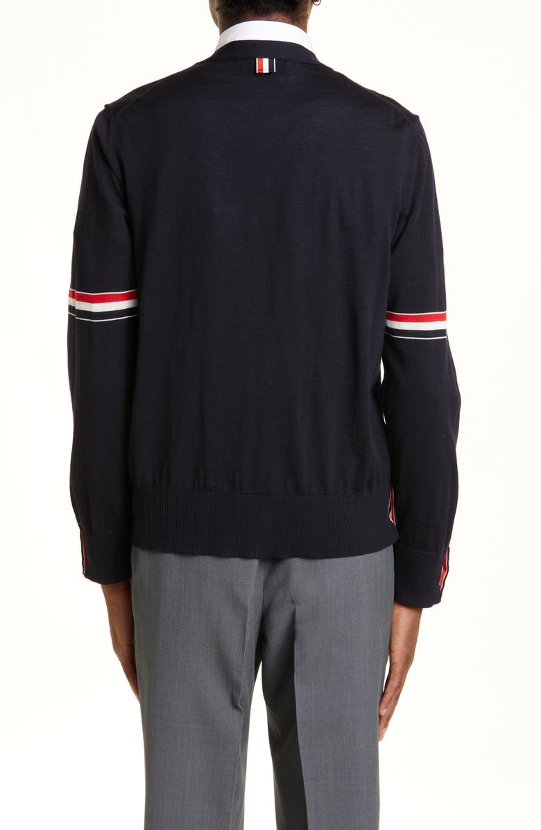 Thom Browne Men's Stripe Armbands Merino Wool Cardigan, Alternate, color, Navy
