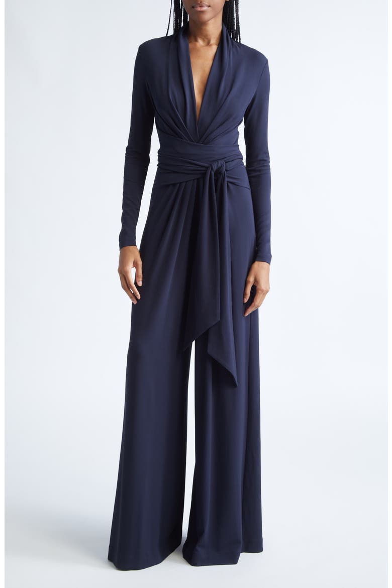 Plunge Neck Tie Waist Palazzo Jumpsuit, Main, color, MIDNIGHT