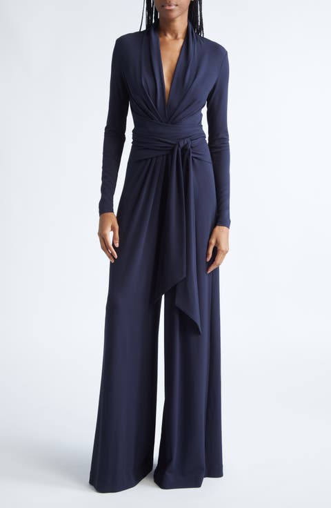 Plunge Neck Tie Waist Palazzo Jumpsuit