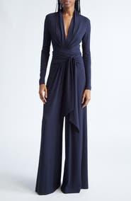 Michael Kors Collection Plunge Neck Tie Waist Palazzo Jumpsuit
