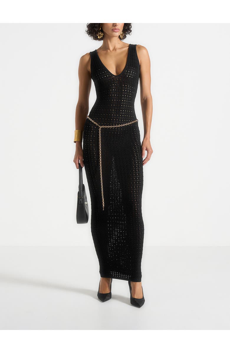 Manière De Voir Myriam Pointelle Plunge Midaxi Dress With Chain, Main, color, Black