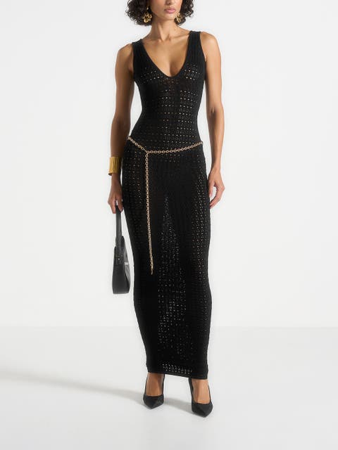 Myriam Pointelle Plunge Midaxi Dress With Chain