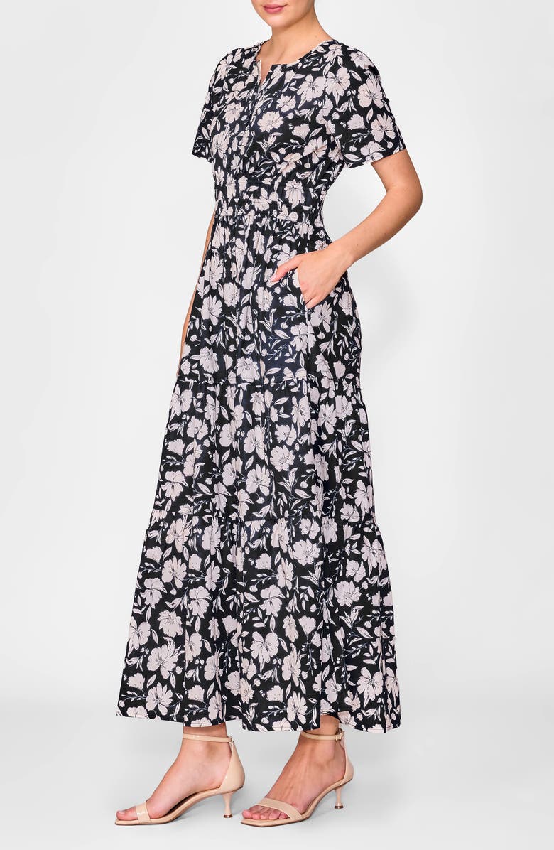 MELLODAY Short Sleeve Tiered Maxi Dress, Alternate, color, Black Floral