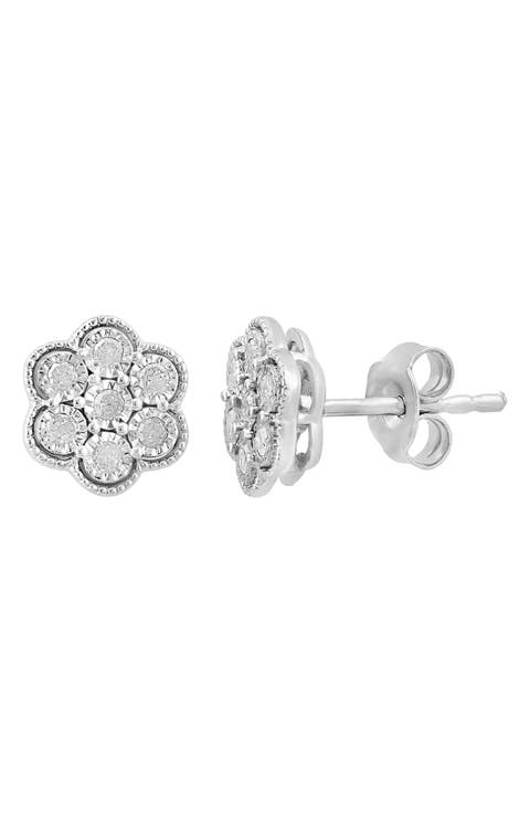 Sterling Silver Diamond Flower Stud Earrings