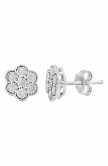 Sterling Silver Diamond Flower Stud Earrings