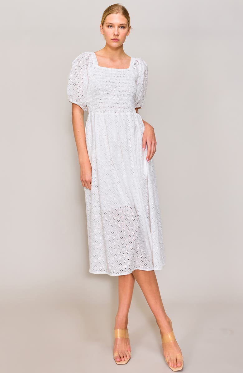 MELLODAY Embroidered Eyelet Puff Sleeve Smocked Midi Dress, Alternate, color, White