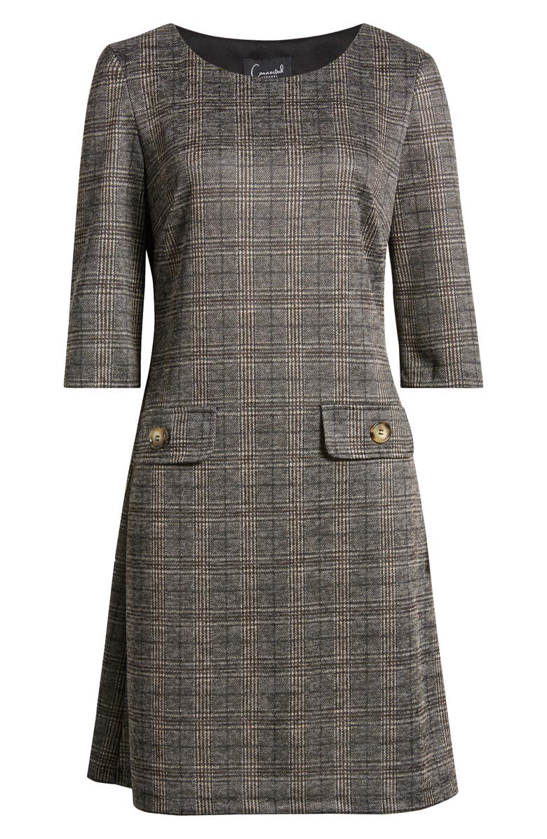 Connected Apparel Plaid Knit A-Line Dress, Alternate, color, Black