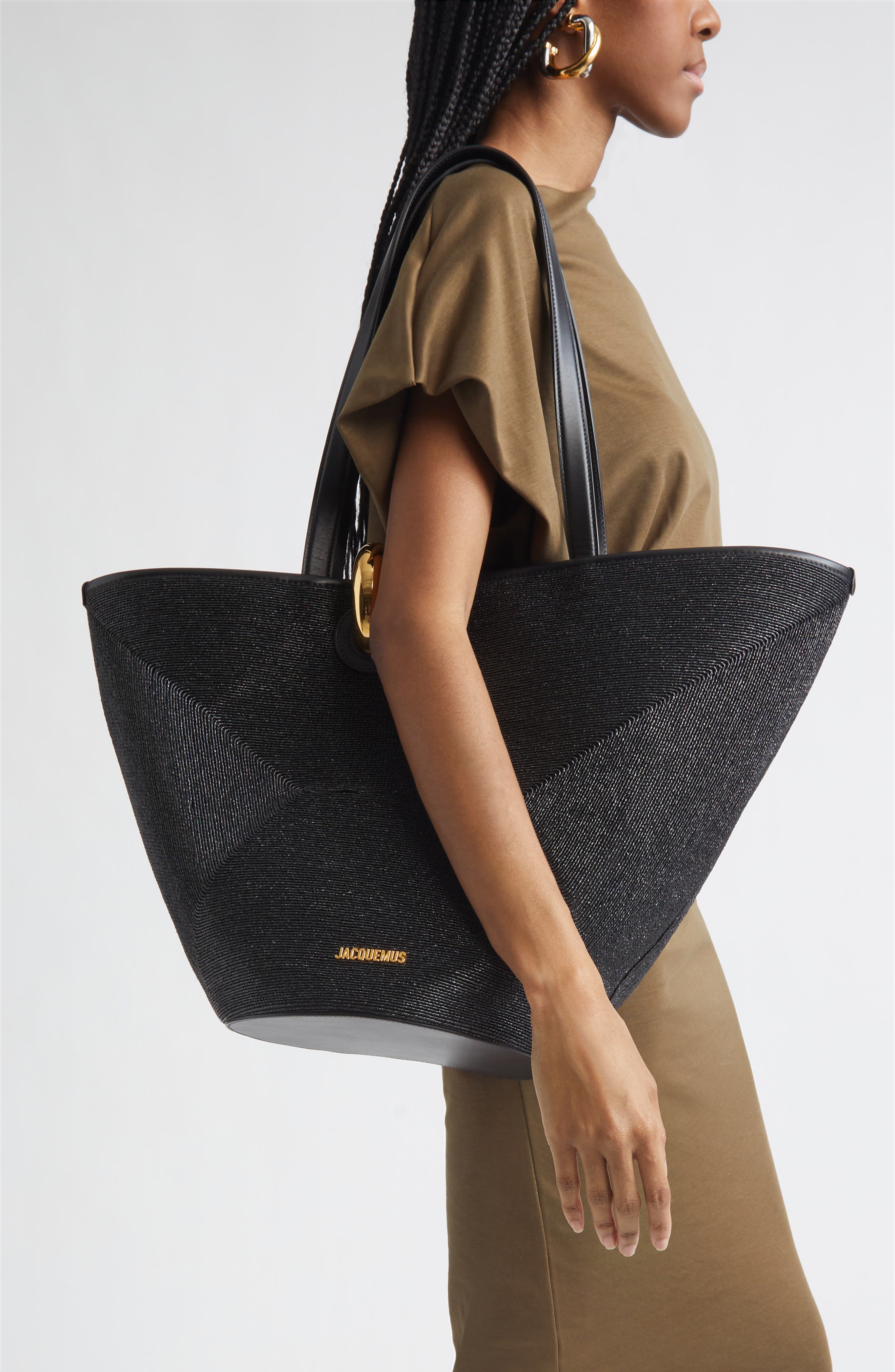 Jacquemus Le Bambolo Nylon Asymmetric Bucket Bag, Alternate, color, Black 990