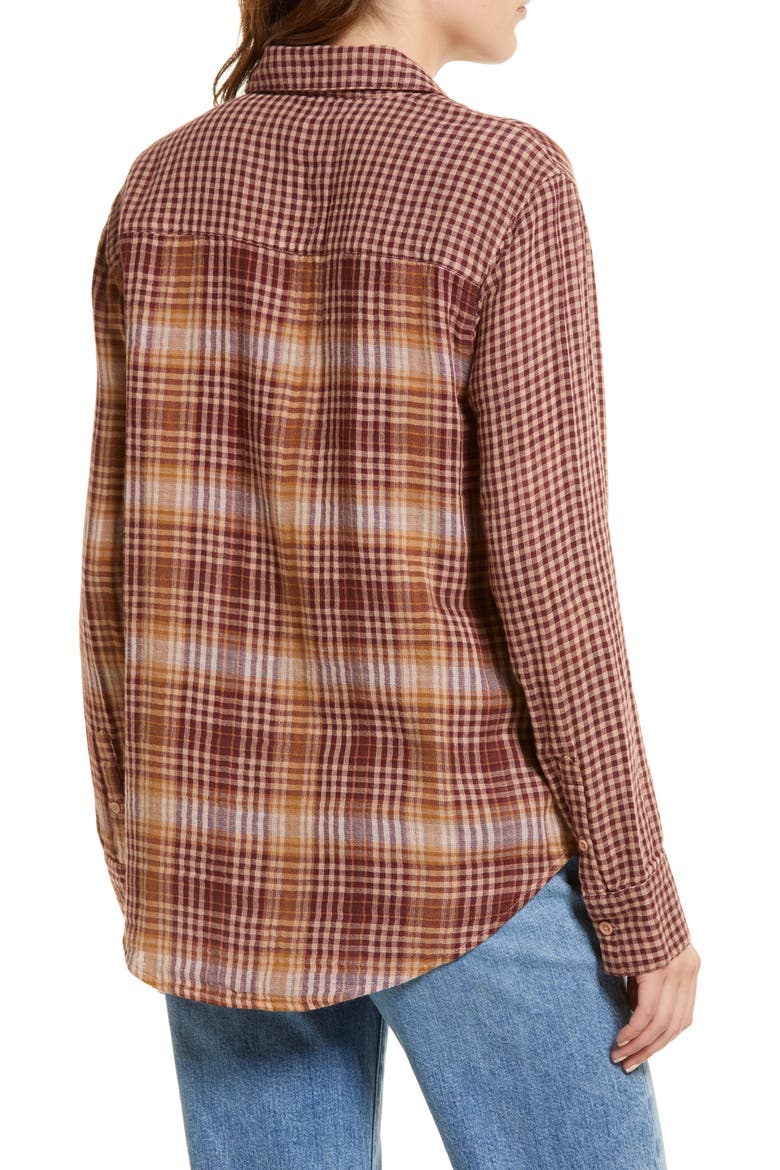 Mixed Plaid Cotton Boyfriend Shirt, Alternate, color, BURGUNDY- TAN MIXED PLAID