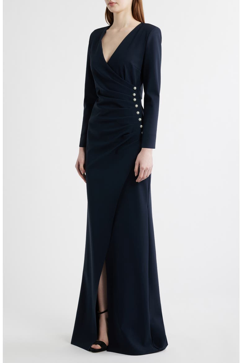 Wiesa Faux Pearl Detail Long Sleeve Gown, Alternate, color, DARK MIDNIGHT