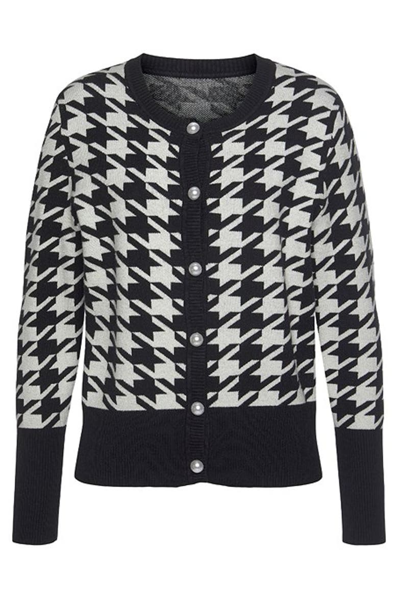 Women's Pearl Button Houndstooth Cardigan, Alternate, color, Black Patterned
