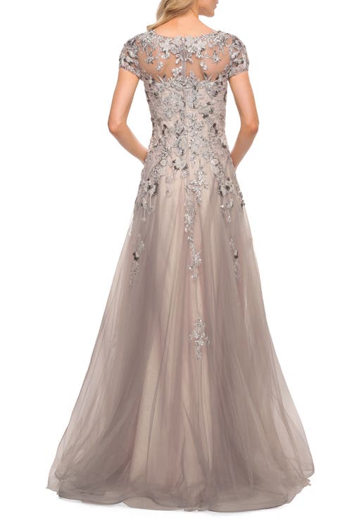 La Femme Beaded Lace A-line Gown With Short Sleeves In Silver/pink