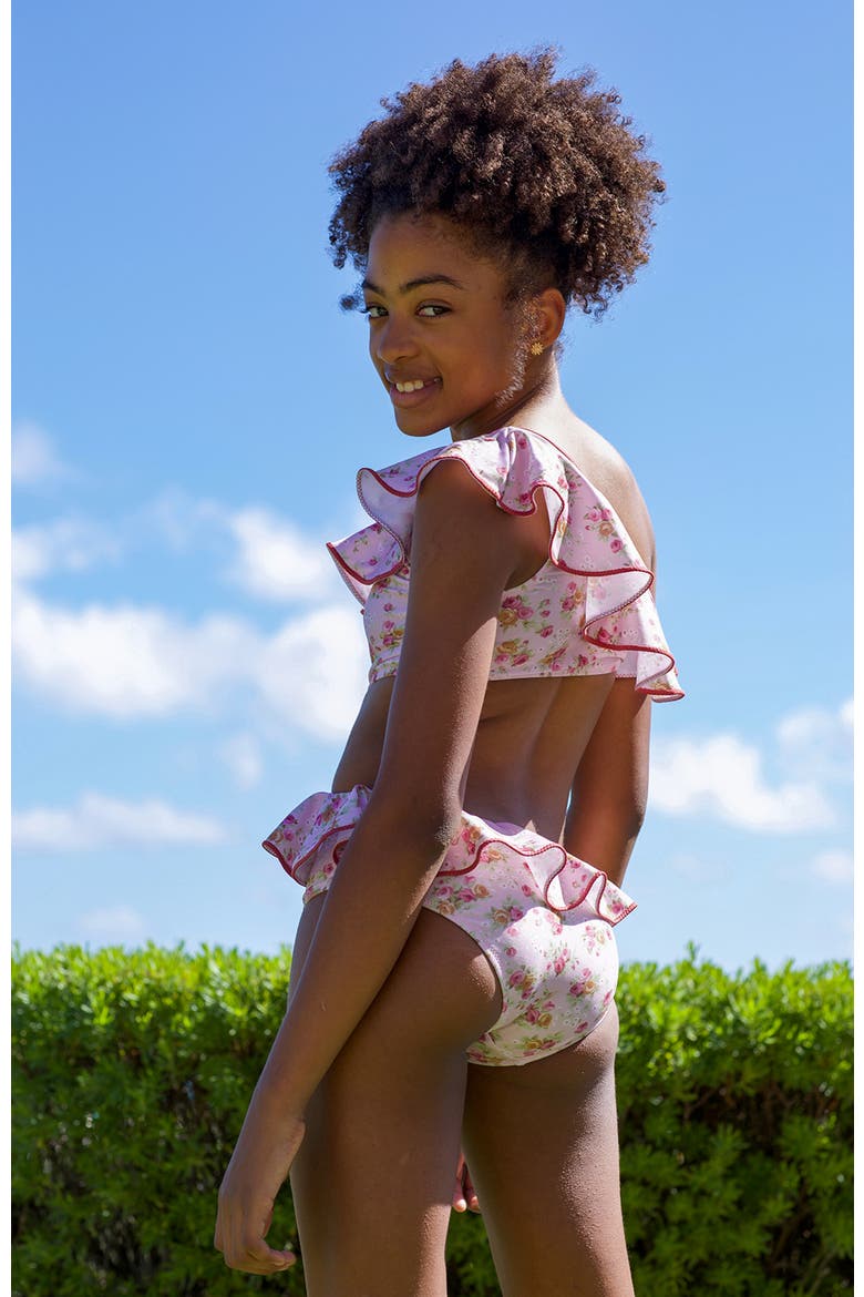 One-Shoulder Floral Ruffled with Side Cutout and Ring Detail, Alternate, color, Burgundy
