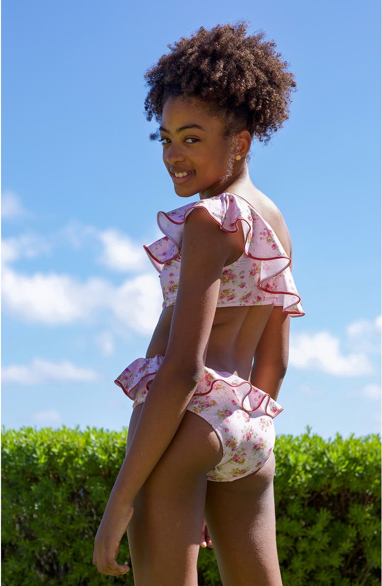 NESSI BYRD One-Shoulder Floral Ruffled with Side Cutout and Ring Detail, Alternate, color, Burgundy