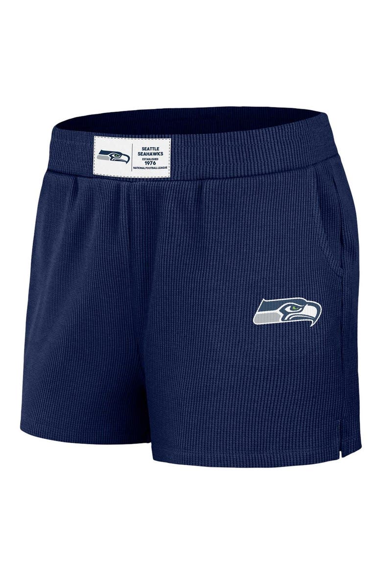 Women's WEAR by Erin Andrews Navy Seattle Seahawks Waffle Knit Long Sleeve T-Shirt & Shorts Lounge Set, Alternate, color, Navy