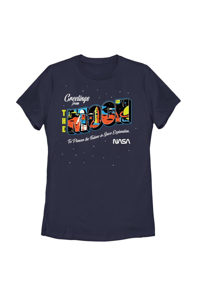 Junior's NASA Greetings from the Moon  Graphic T-Shirt, Main, color, Navy Blue