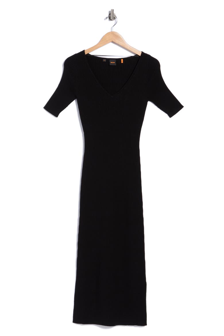 V-Neck Ribbed Midi Dress, Main, color, BLACK
