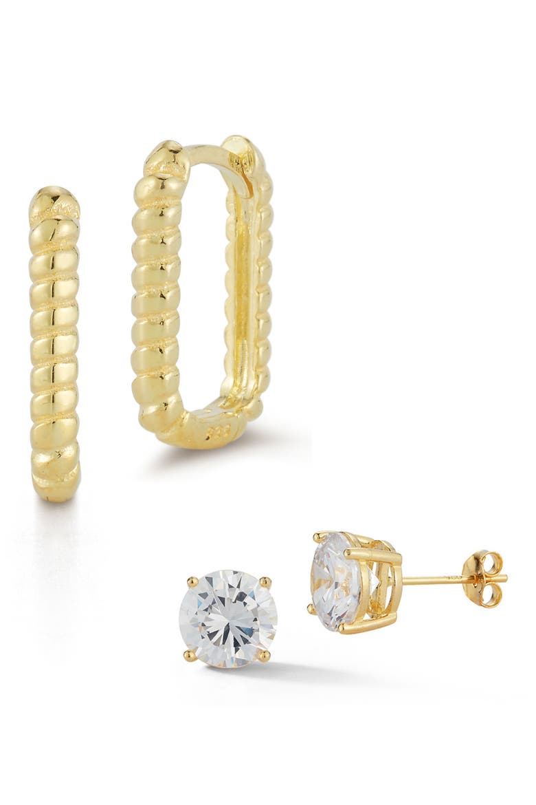 Set of 2 Cubic Zirconia Stud & Twisted Oval Hoop Earrings, Main, color, GOLD