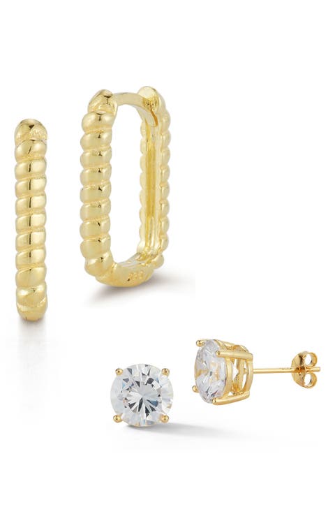 Set of 2 Cubic Zirconia Stud & Twisted Oval Hoop Earrings