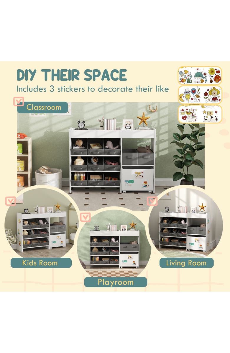 Qaba Toy Storage Organizer with Shelves and Fabric Bins Moveable Cabinet and Stickers Toy Organizer for Nursery Playroom Bedroom, Alternate, color, White