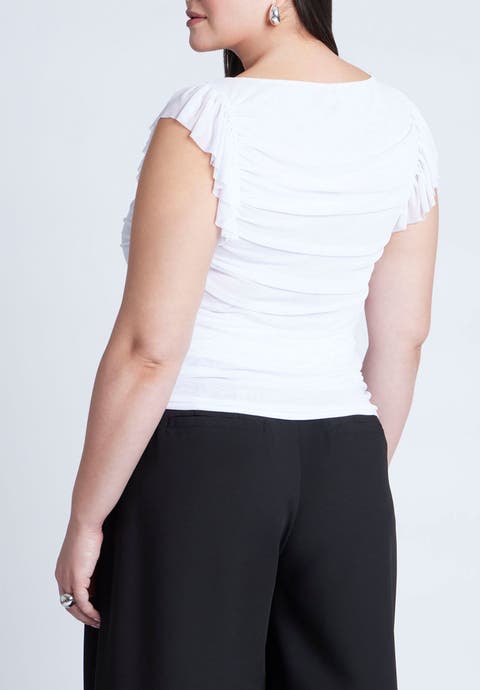 Shirred Mesh Top With Shoulder Flounces