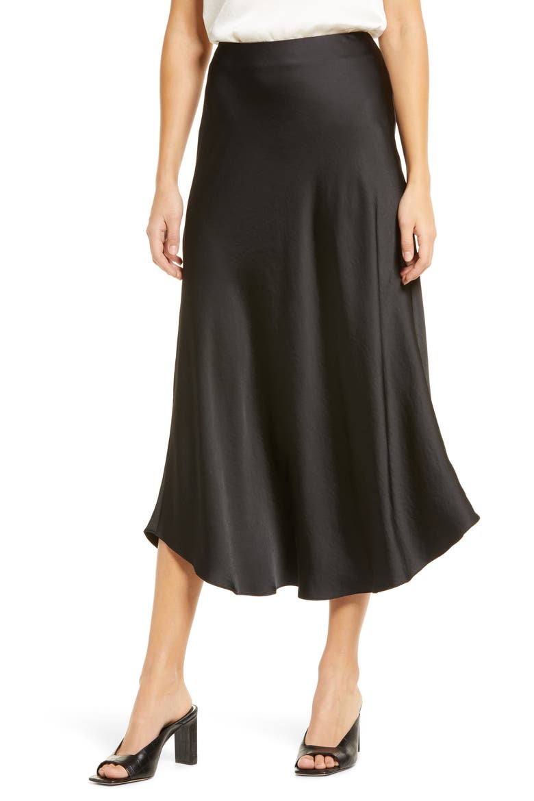 Bias Cut Satin Midi Skirt, Main, color, BLACK