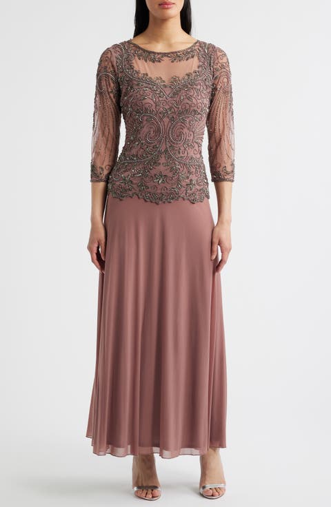 Pisaro Nights Beaded Mesh Mock Two-Piece Gown