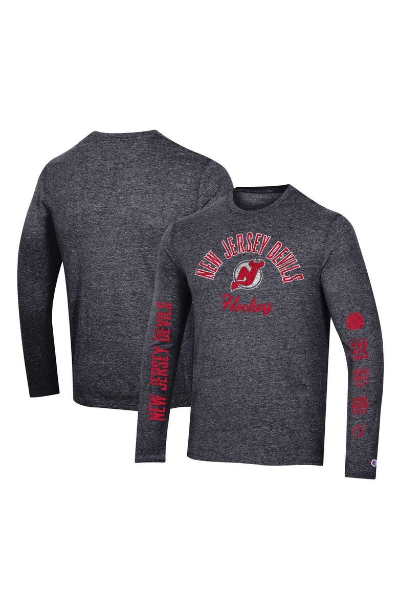 Champion Men's Champion Heather Black New Jersey Devils Multi-Logo Tri-Blend Long Sleeve T-Shirt, Main, color, Heather Black