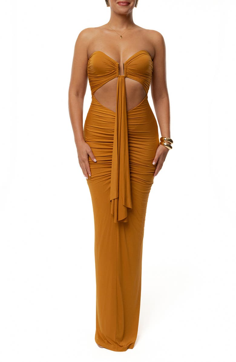 JLUXLABEL Drape Cutout Strapless Body-Con Maxi Cocktail Dress, Alternate, color, Brown
