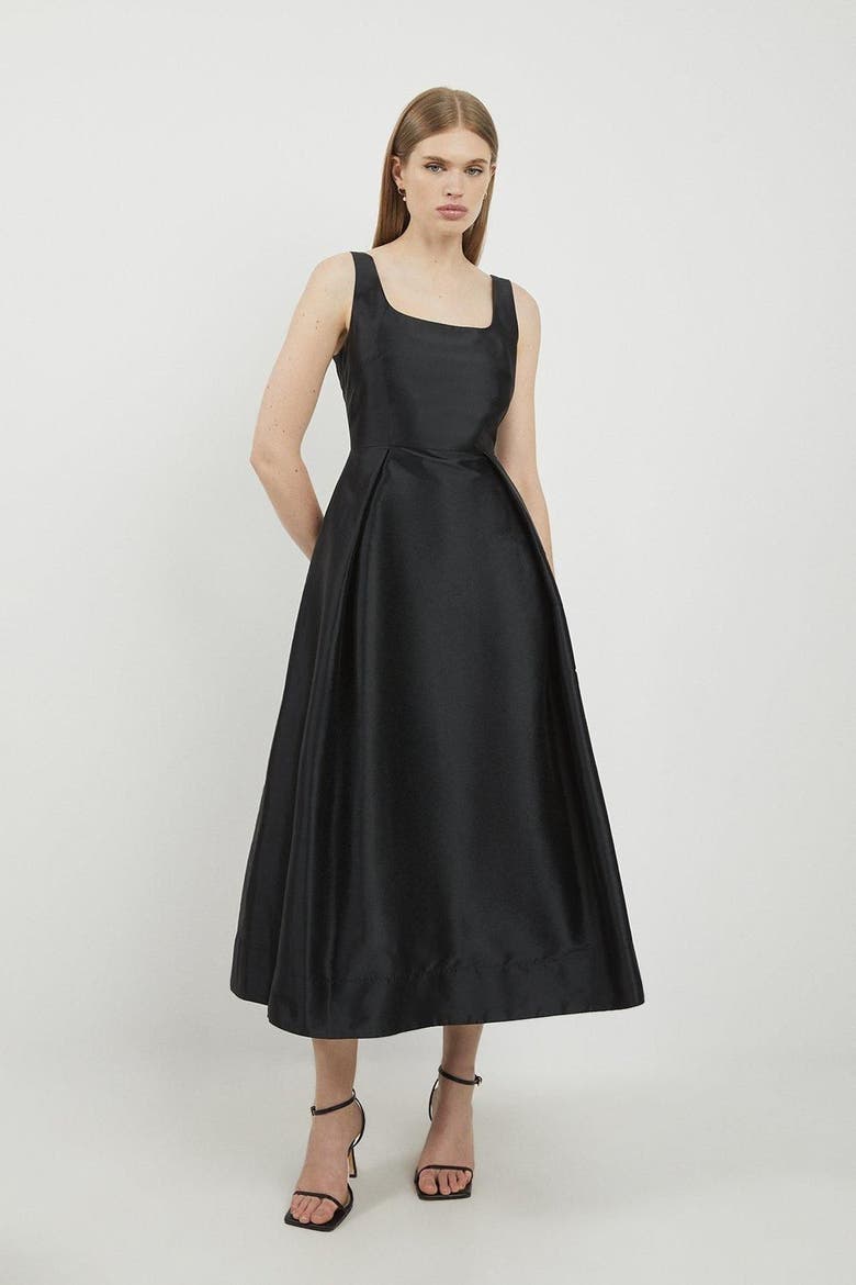 Taffeta Full Skirt Tailored Midi Dress, Alternate, color, Black