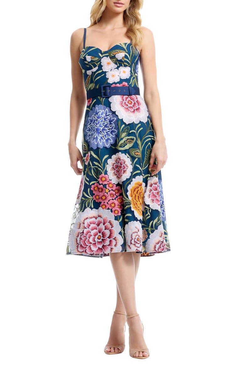Carlita Belted Floral Embroidered Midi Cocktail Dress, Main, color, NAVY MULTI
