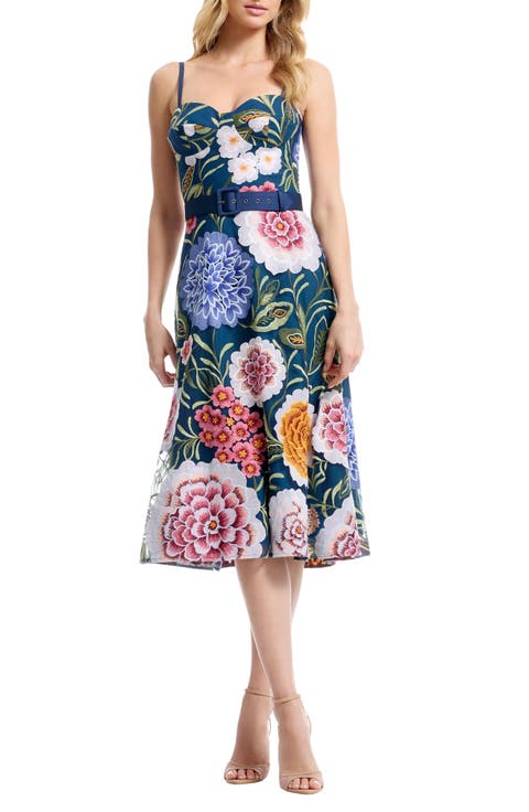 Carlita Belted Floral Embroidered Midi Cocktail Dress