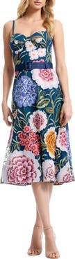 Dress the Population Carlita Belted Floral Embroidered Midi Cocktail Dress