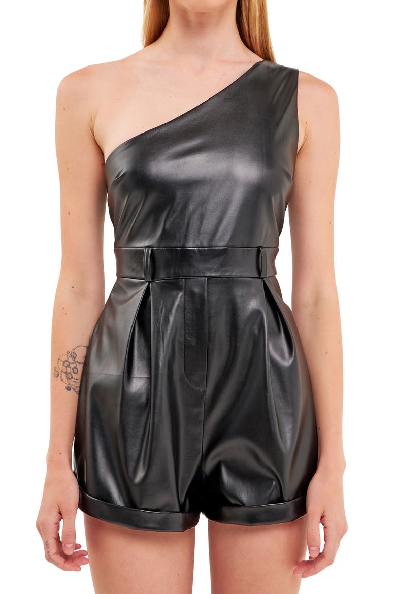 One-Shoulder Faux Leather Romper, Alternate, color, JET BLACK