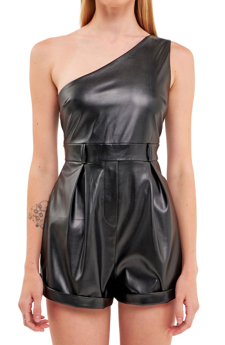 Endless Rose One-Shoulder Faux Leather Romper, Alternate, color, Jet Black