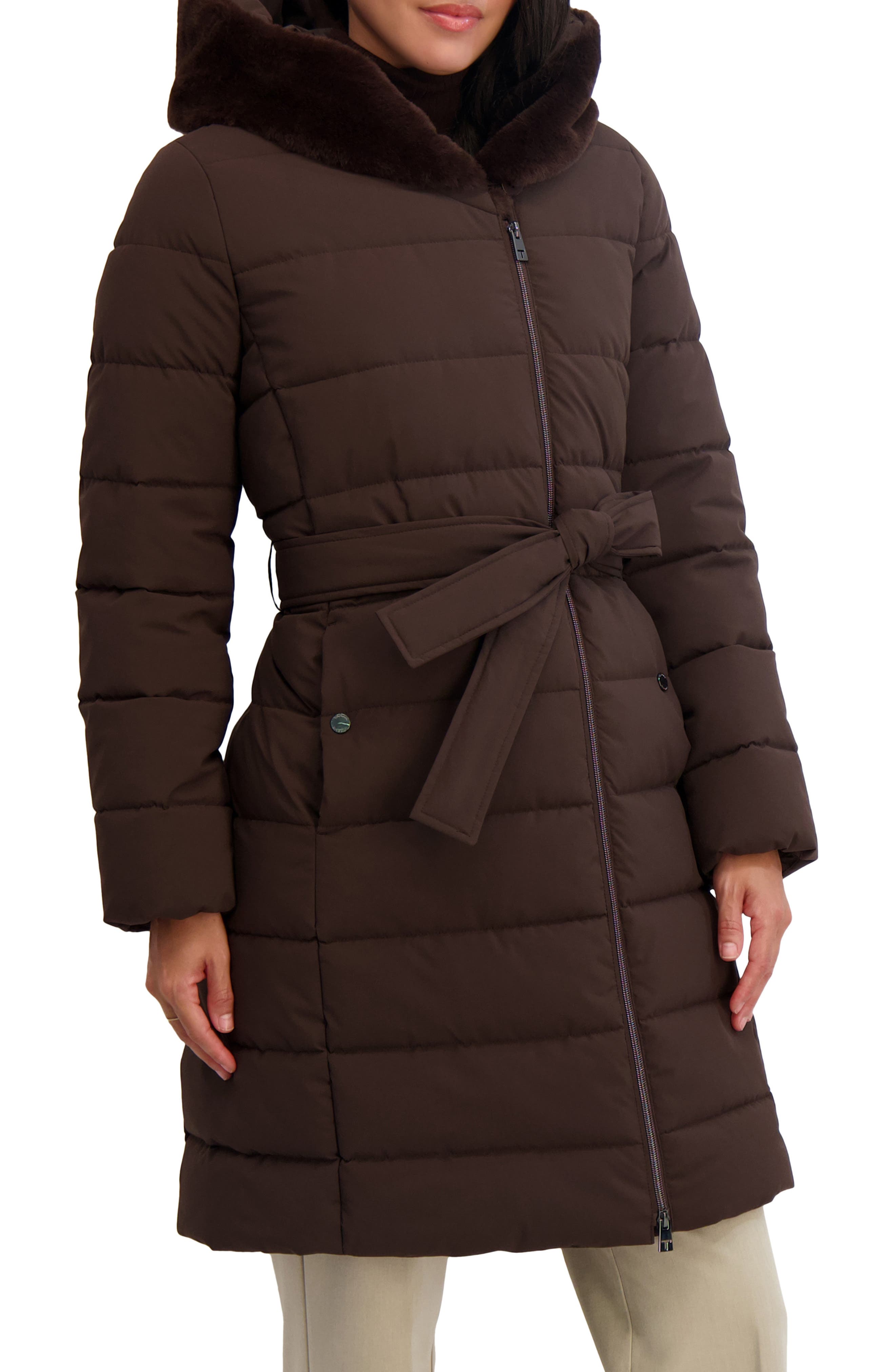 Tahari Vic Belted Longline Coat with Faux Fur Trim Hood